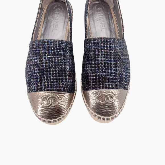 Chanel CC Cap Toe Espadrilles EU 39 US 8-8.5 Navy Metallic Tweed Slip On Flat - Picture 3 of 12